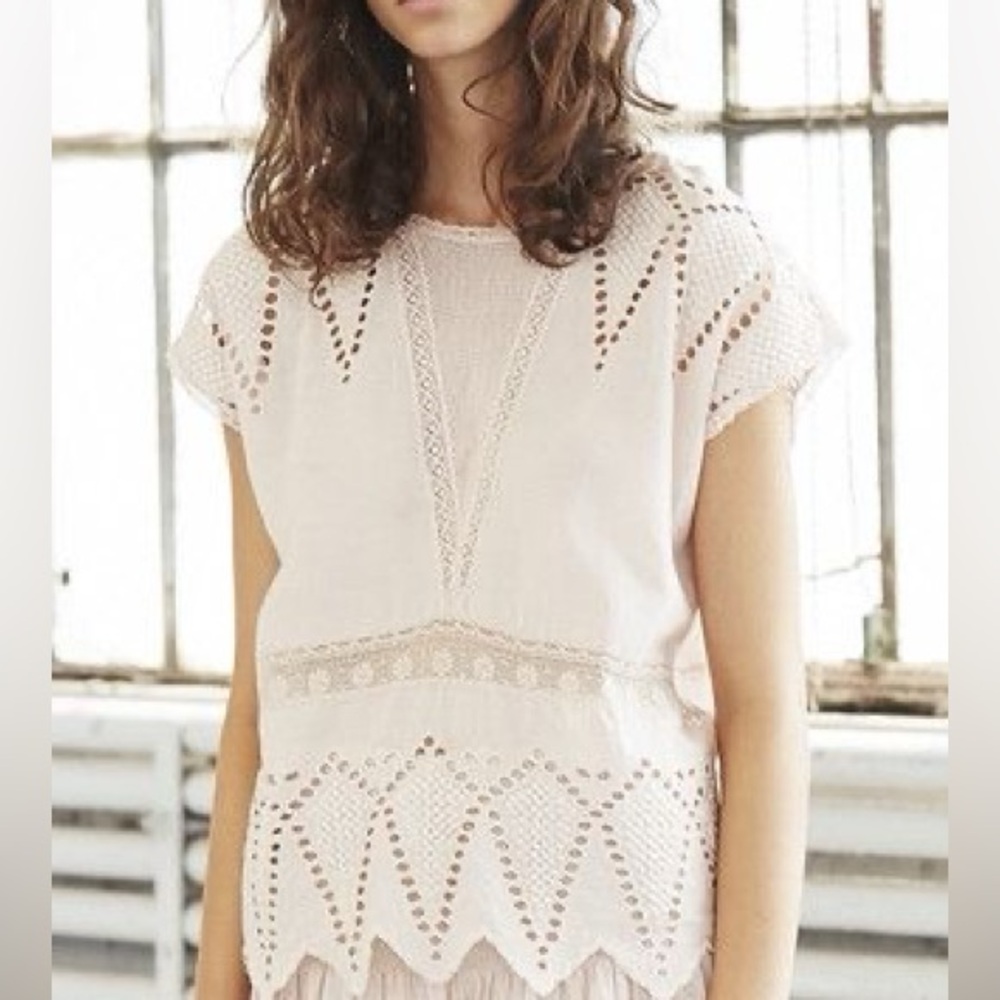 Ulla Johnson Pale Pink Maryse Blouse Size 6 100% Cotton Eyelet Boho Top - Picture 1 of 6